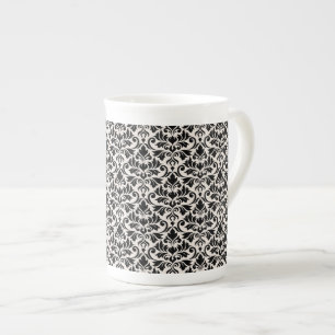 Caneca De Porcelana Padrão de Damasco Florescente Preto no Creme