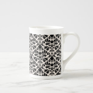 Caneca De Porcelana Padrão de Damasco Florescer Preto no Creme