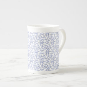 Caneca De Porcelana Padrão de Diamante Floral Branco Azul Periwinkle C