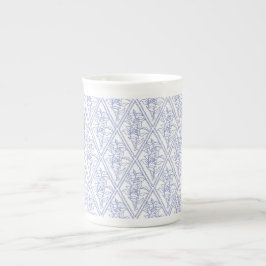 Caneca De Porcelana Padrão de Diamante Floral Branco Azul Periwinkle C