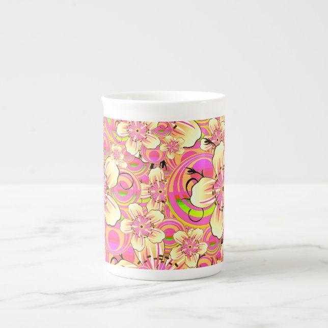 Caneca De Porcelana padrão de flor rosa groovy (Frente)