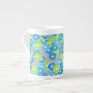 Caneca De Porcelana Padrão de flores de Art Deco - azul e verde limão