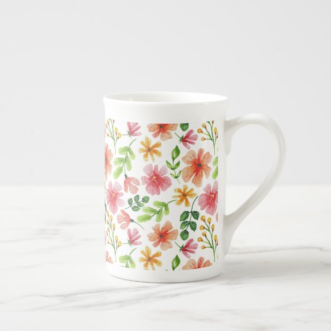 Caneca De Porcelana Padrão de Flores Rosa em Aquarela (Direita)