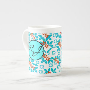 Caneca De Porcelana Padrão de Folha de Cor Retroativa Monograma