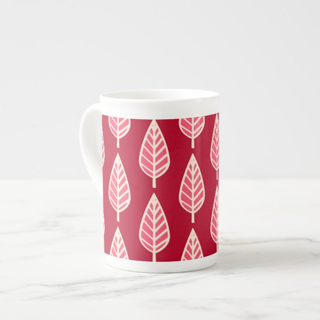 Caneca De Porcelana Padrão de folha de faia - Vermelho rubi e creme (Frente Esquerda)