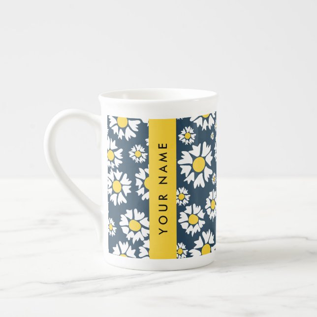 Caneca De Porcelana Padrão de Margaridas, Margaridas Brancas, Seu Nome (Esquerda)