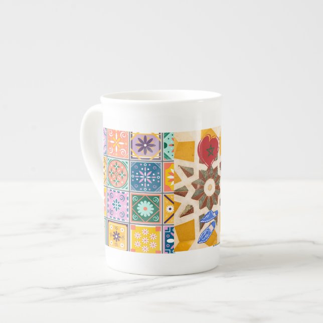 Caneca De Porcelana Padrão de Mosaico Azul e Amarelo (Frente Esquerda)