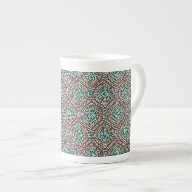 Caneca De Porcelana Padrão de Ogee Étnica Chic em Maroon, Teal e Beige (Frente Esquerda)