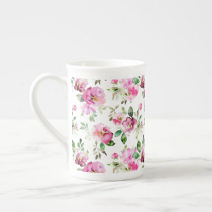 Caneca De Porcelana Padrão de Rosa Selvagem em Aquarela