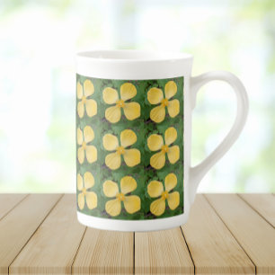 Caneca De Porcelana Padrão Floral Amarelo Celandina Papoila
