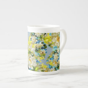 Caneca De Porcelana Padrão Floral Amarelo e Azul Vintage