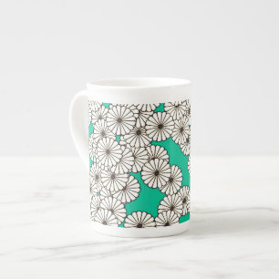 Caneca De Porcelana Padrão floral de Art Deco - branco em turquesa