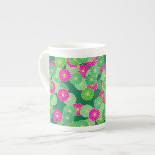 Caneca De Porcelana Padrão floral de Art Deco - tons verdes, fúcsia