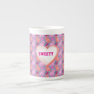 Caneca De Porcelana Padrão Floral de Cereja de Gato Fofo Personalizado