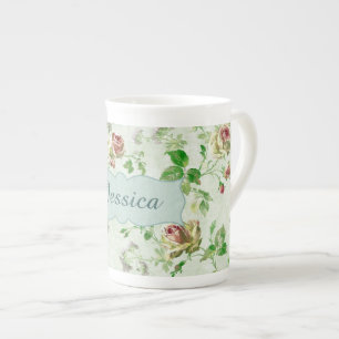 Caneca De Porcelana Padrão Floral de Rosas Rosa Vintage Personalizado