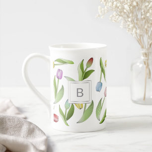 Caneca De Porcelana Padrão Floral de Tulipa Colorido Moderno Monograma