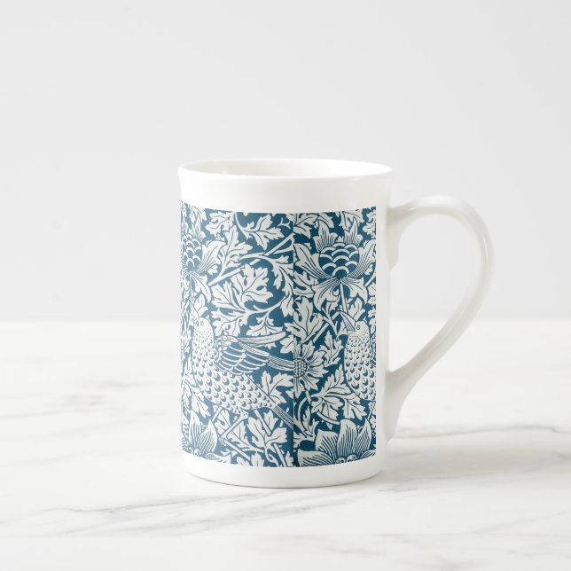 Caneca De Porcelana Padrão Floral Flores Folhas Pássaros Azul (Direita)