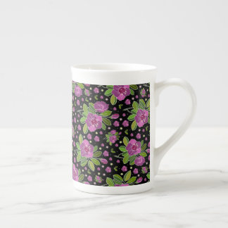 Caneca De Porcelana Padrão Floral Lilás Rosa Verde Preto