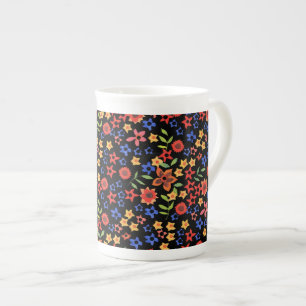 Caneca De Porcelana Padrão Floral Retro Chic em Preto
