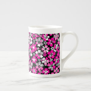 Caneca De Porcelana Padrão Floral Rosa Cinza Branco Preto
