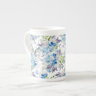 Caneca De Porcelana Padrão Floral Seamless de Aquarela Azul