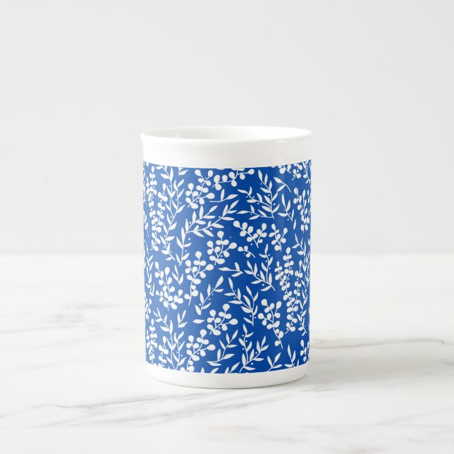 Caneca De Porcelana Padrão floral simples do fazendeiro em azul (Frente)