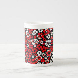 Caneca De Porcelana Padrão Floral Vermelho e Branco 
