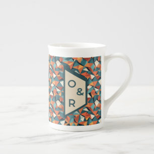 Caneca De Porcelana Padrão Geométrico de Meados do Século em Verde Águ