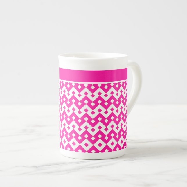 Caneca De Porcelana Padrão Geométrico Islâmico, Rosa-Adulto e Branco (Frente Esquerda)