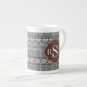 Caneca De Porcelana Padrão Tribal Castanho Azul Monograma