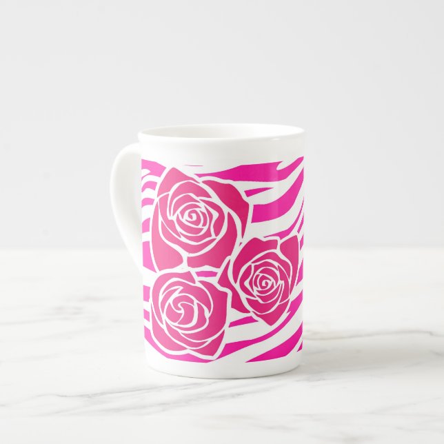 Caneca De Porcelana Padrão zebra + rosas rosa Espresso/ Jumbo Mug (Frente Esquerda)
