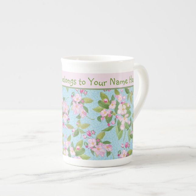 Caneca De Porcelana Padrões do Flor da Maçã Rosa e Banda Rosa (Frente Esquerda)