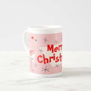 Caneca De Porcelana Papai Noel Flamingo Rosa Feliz Natal osso de porce
