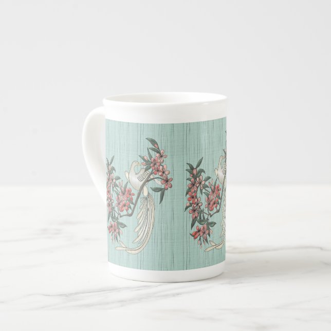 Caneca De Porcelana Pássaro Branco - Cereja Blossomo Aqua (Frente Esquerda)