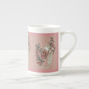 Caneca De Porcelana Pássaro Branco - Flores de Cereja - Osso do Pêsseg