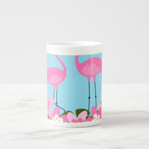 Caneca De Porcelana Pássaro Exótico. Flamingo e folhas tropicais 