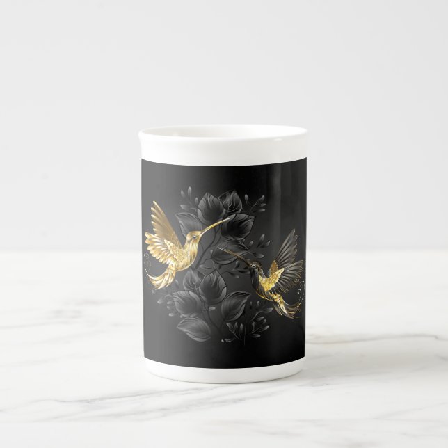 Caneca De Porcelana Pássaro Humino Negro e Dourado (Frente)
