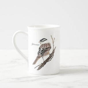 Caneca De Porcelana Pássaro Pardal Coroado Branco em Aquarela Original