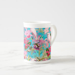 Caneca De Porcelana Pássaro Tropical Cor-De-Rosa E Padrões De Flor Orq