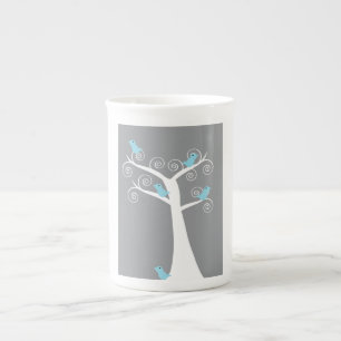 Caneca De Porcelana Pássaros Azuis Claros em Árvore Branca Caprichosa