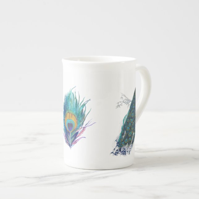 Caneca De Porcelana Pavão azul com as penas de cauda bonitas (Frente Esquerda)