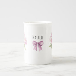 Caneca De Porcelana Peônias Rosa com Laço Fino