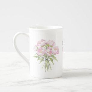 Caneca De Porcelana Peônias Rosa com Laço Fino