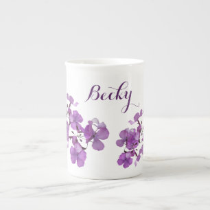 Caneca De Porcelana Personalizável nome Becky estilo retrô floral roxo