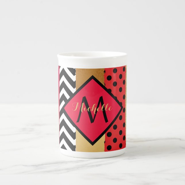 Caneca De Porcelana Pincel Dourado Vermelho Preto Escovo Monograma (Frente)