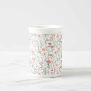 Caneca De Porcelana Prado de Flores Silvestres Rosa e Verde Coquete