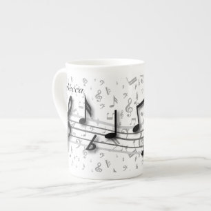 Caneca De Porcelana Preto personalizado e notas musicais cinzentas