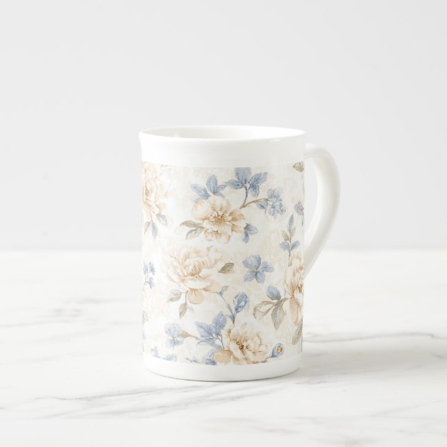 Caneca De Porcelana Pretty Romantic Blue Cream Flowers   (Frente Esquerda)