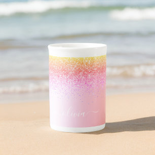Caneca De Porcelana Rainbow Pastel Girly Glitter Metal Monograma Nome