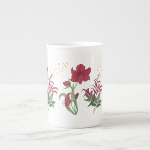 Caneca De Porcelana Red Amaryllis Bone Festivo China Tea Mug